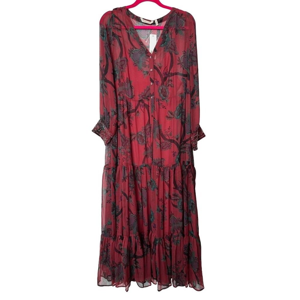 Soft Surroundings Dress Womens XL Silk Road Red Kundali Shirt New Floral Beaded